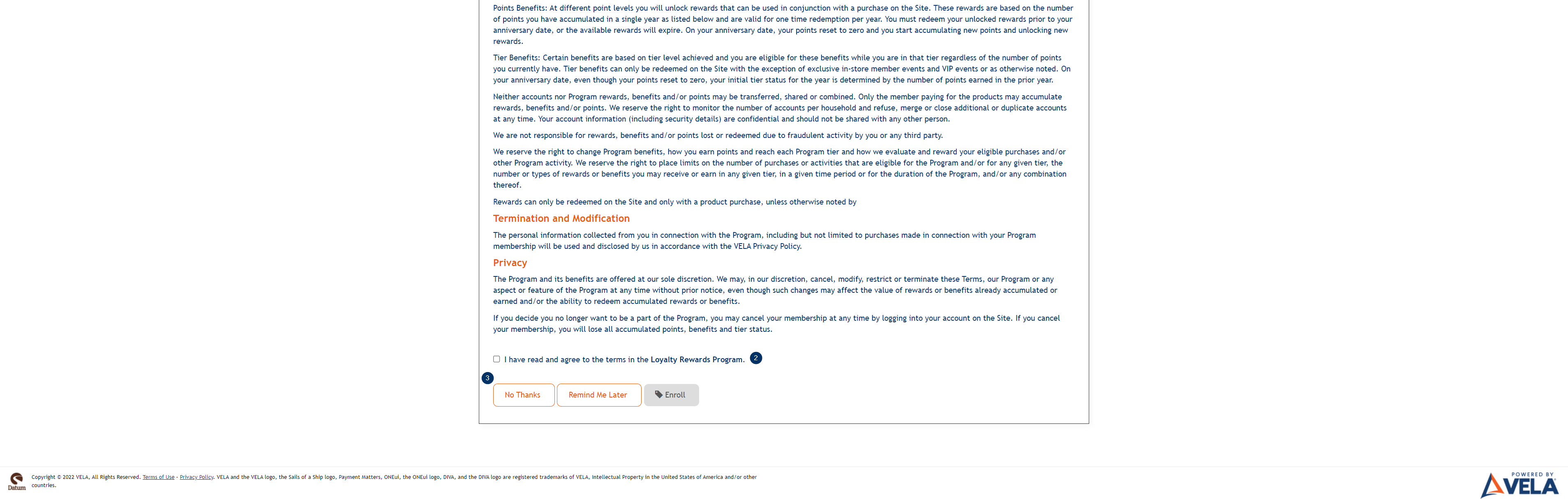 Loyalty enrollment screen